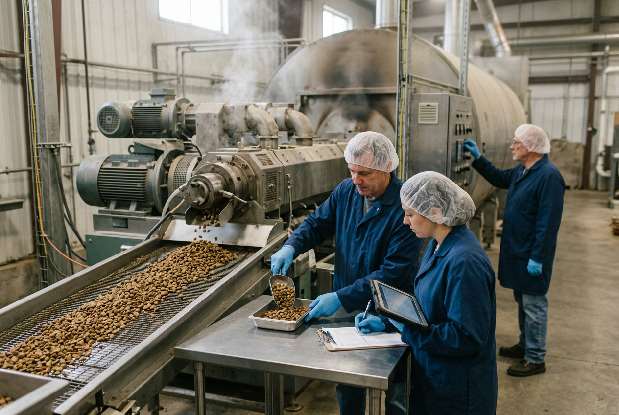 Pet food twin-screw extruder with brown kibble exiting the die onto a stainless conveyor, operator at a touchscreen HMI