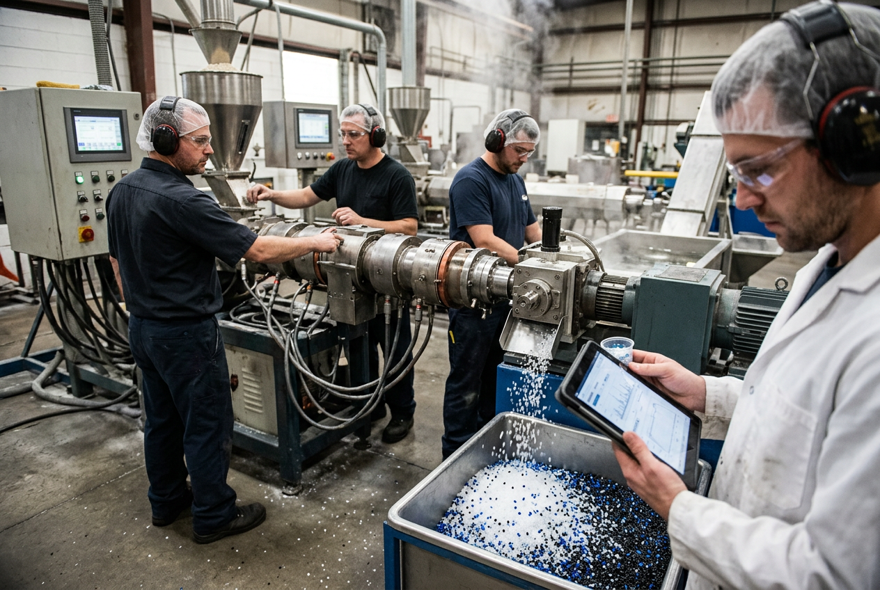 Plastics twin-screw compounding extruder with molten polymer strands exiting the die into a water bath, operator at a touchscreen HMI adjusting screw speed