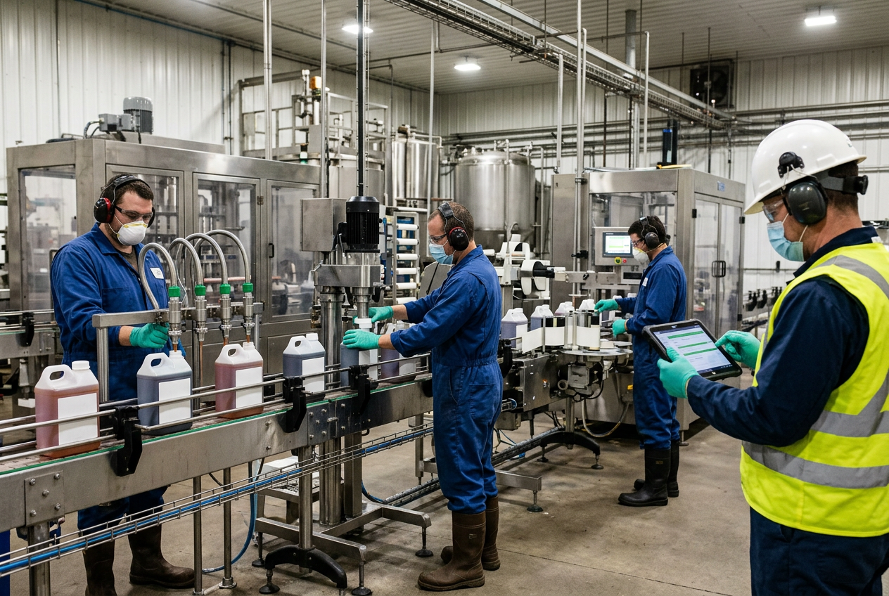Automated agrochemical filling and labelling line with plastic jerry cans of green herbicide, a print-and-apply labeller and a vision inspection camera over the conveyor