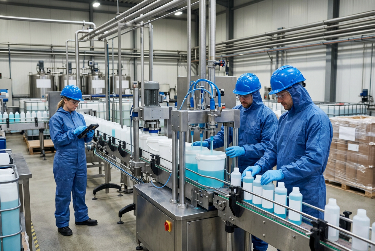 Automated chemicals filling line with stainless steel drums, a print-and-apply labeller and a vision inspection camera over the conveyor