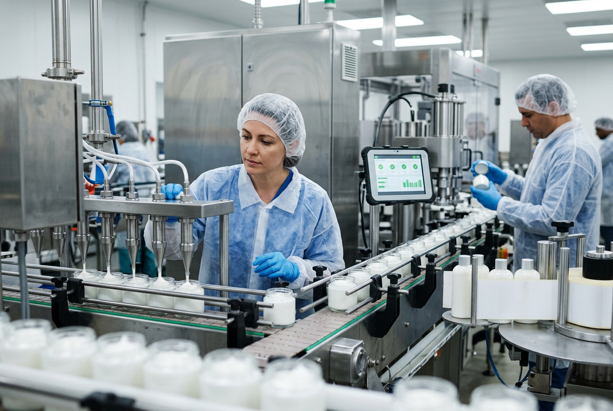 Automated cosmetics filling line filling white plastic pump bottles with lotion under a print-and-apply labeller and vision inspection camera