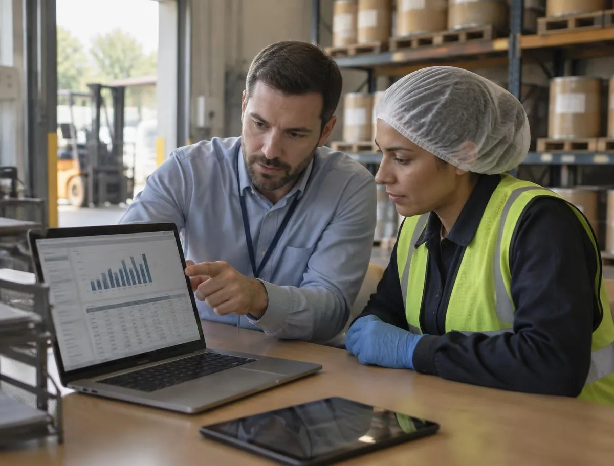 Two colleagues in a plant counting room beside the warehouse door, one in a hi-vis vest, hair cover and gloves, both reading a stock valuation and period-close dashboard on a laptop with a tablet on the desk and labelled drums behind