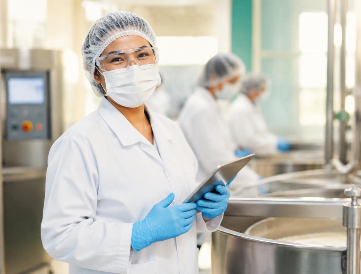 Smiling food processing team member in full protective clothing using a tablet on the production floor