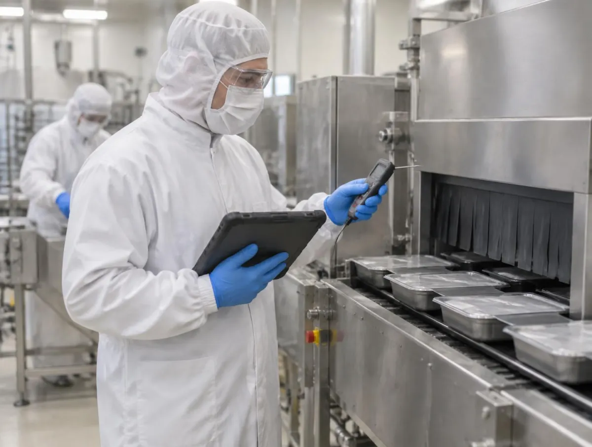Operator in hood, mask, safety glasses, white coat and blue gloves reading a probe thermometer beside an enclosed cooling tunnel of sealed trays, holding a rugged tablet, with a colleague in protective clothing behind