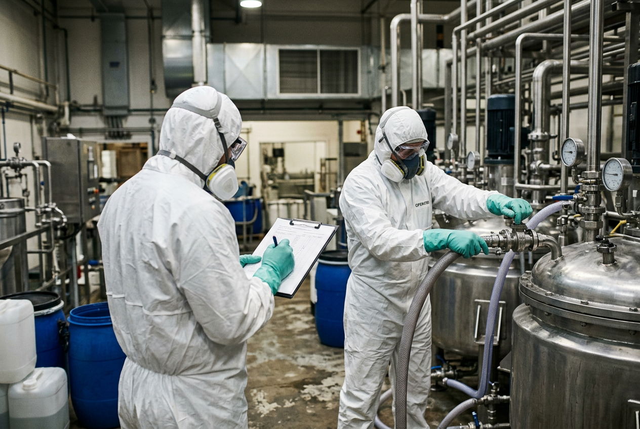 Chemical operator in Tyvek suit and full-face respirator dispensing amber pesticide active ingredient into a stainless steel weighing vessel under a local exhaust ventilation hood