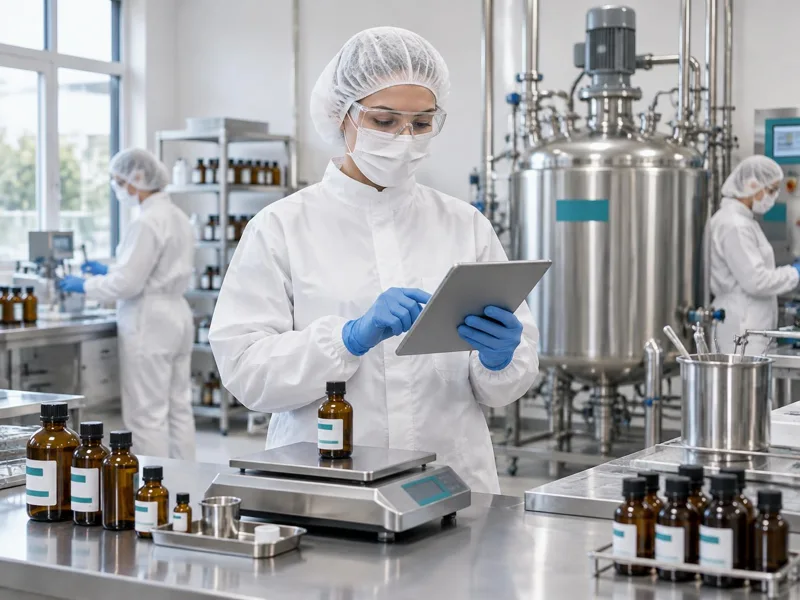 Fragrance compounder in hair cover, beard cover where needed, safety glasses, mask, protective clothing and gloves using a tablet beside a precision scale and amber bottles