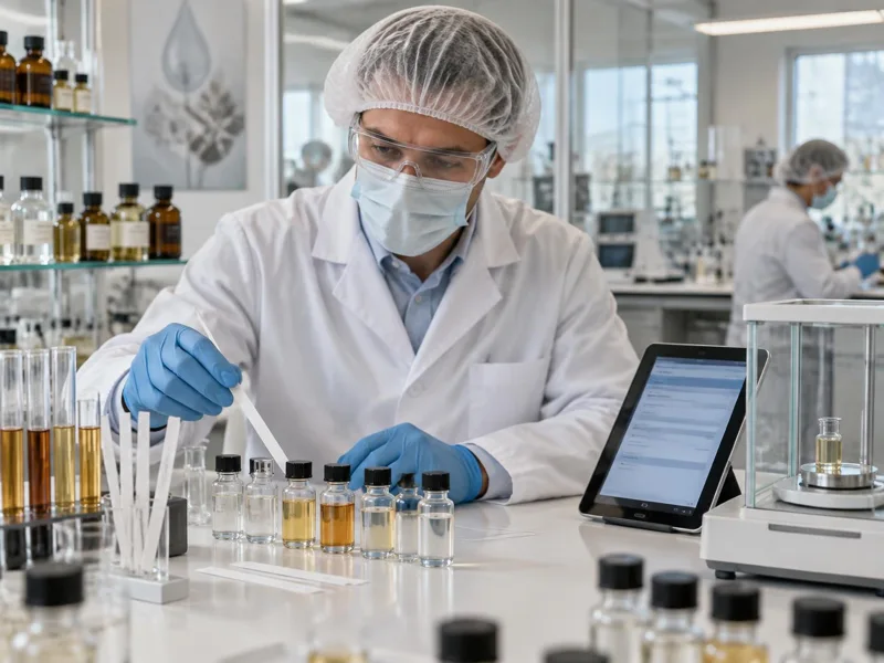 Fragrance analyst in hair cover, beard cover where needed, mask, safety glasses, protective clothing and gloves using a tablet beside evaluation strips and sample vials