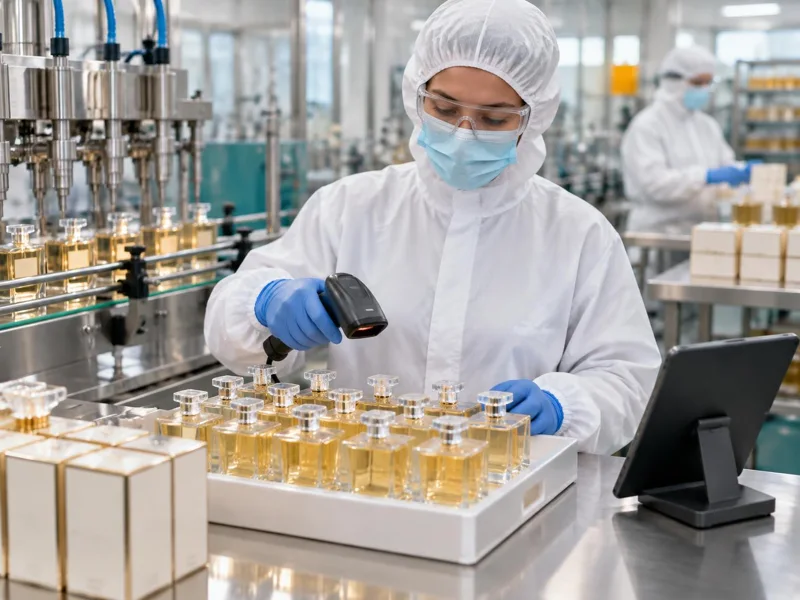Perfume packing technician in hair cover, beard cover where needed, mask, safety glasses, protective clothing and gloves using a tablet beside a tray of filled perfume bottles
