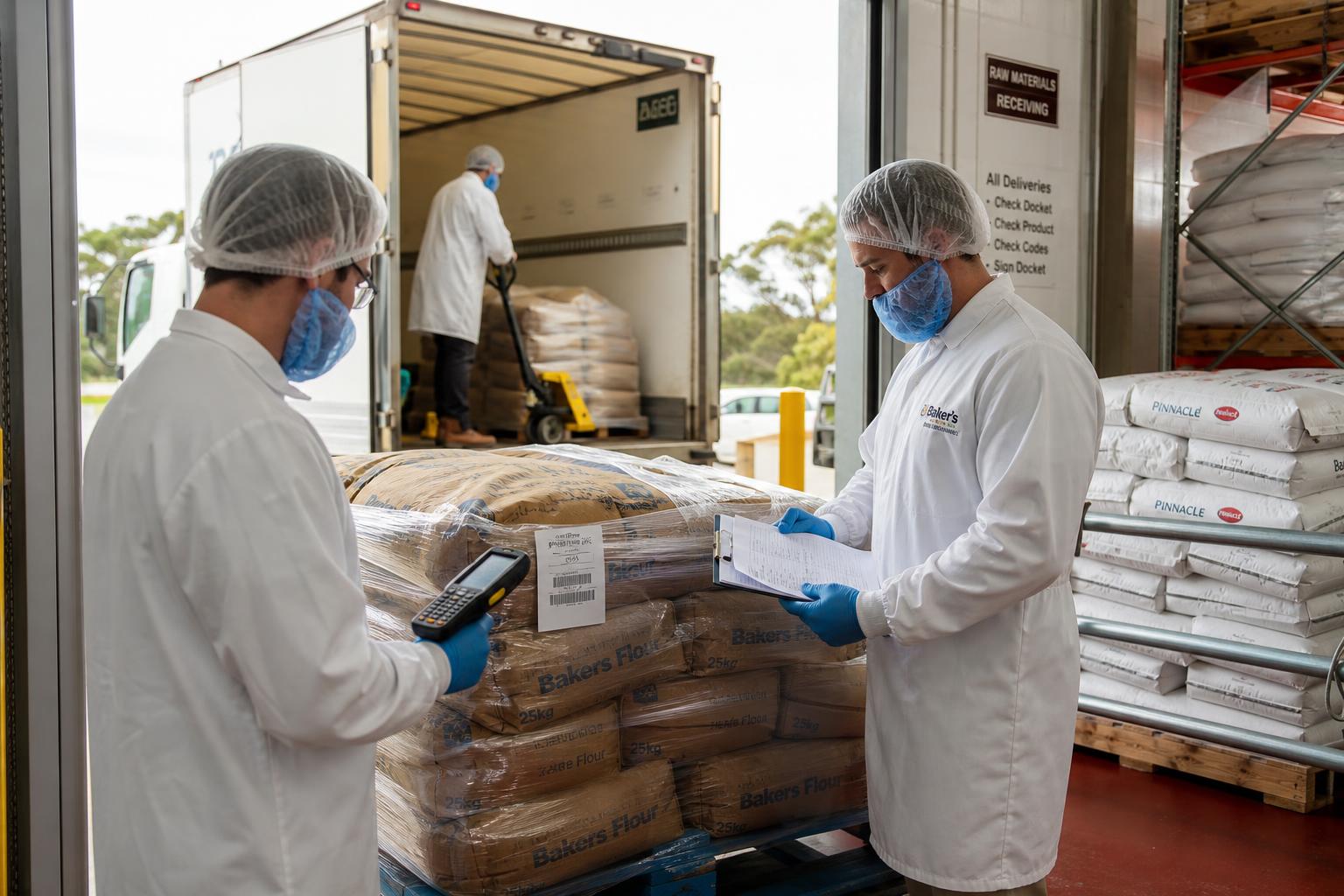 Bakery goods-in dock: food-safe team in hairnets, coats and gloves scanning and checking a flour pallet against the delivery docket as the truck is unloaded