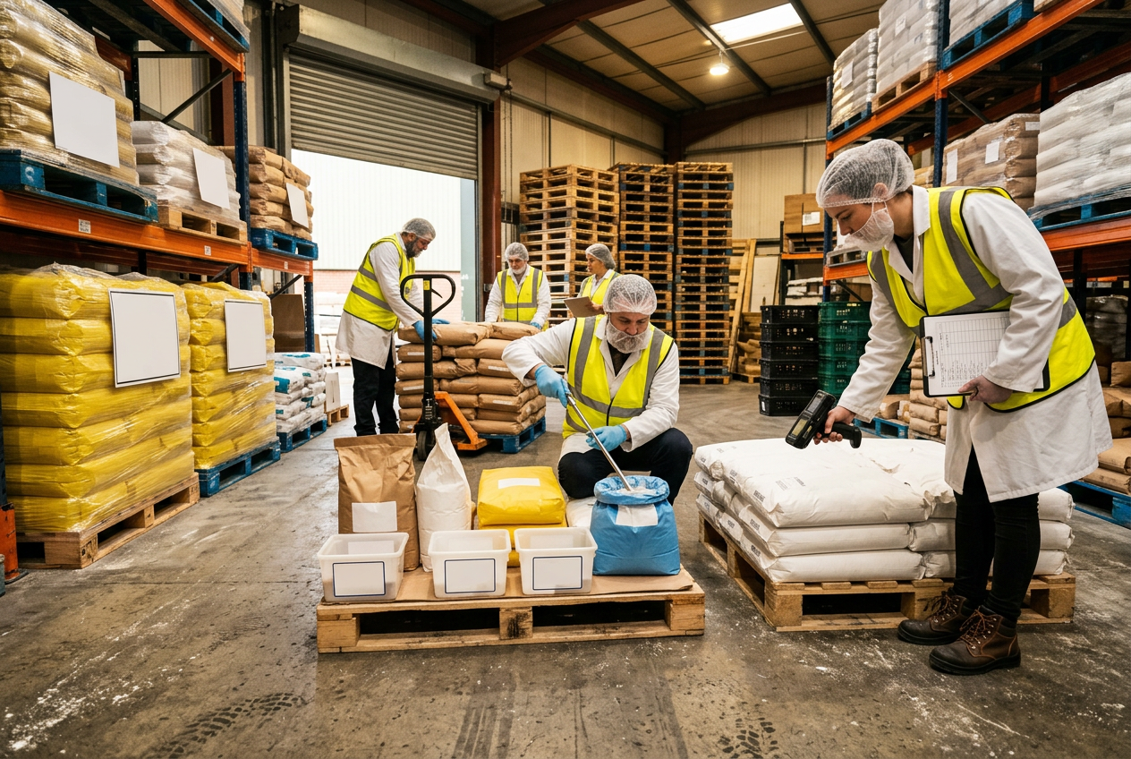 Bakery goods-in dock: food-safe team in hairnets, coats and gloves scanning and checking a flour pallet against the delivery docket as the truck is unloaded