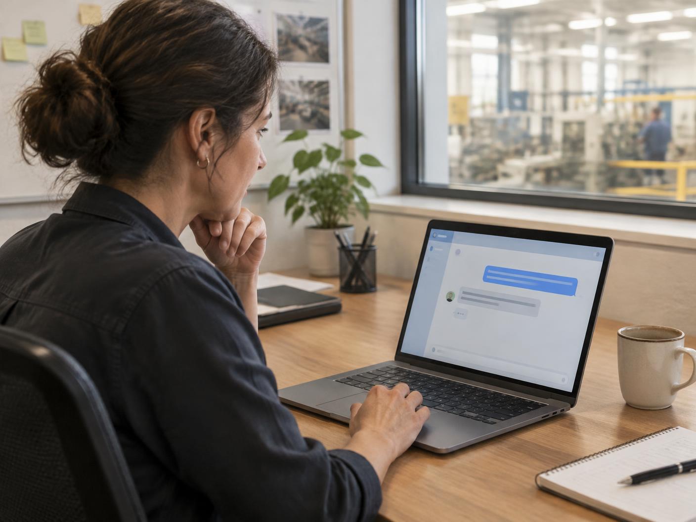 Operations manager at a desk asking a question about production data in a chat window on a laptop