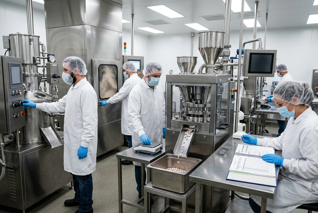Veterinary pharma granulation & compression line with granulation exiting the die onto a stainless conveyor, operator at a touchscreen HMI