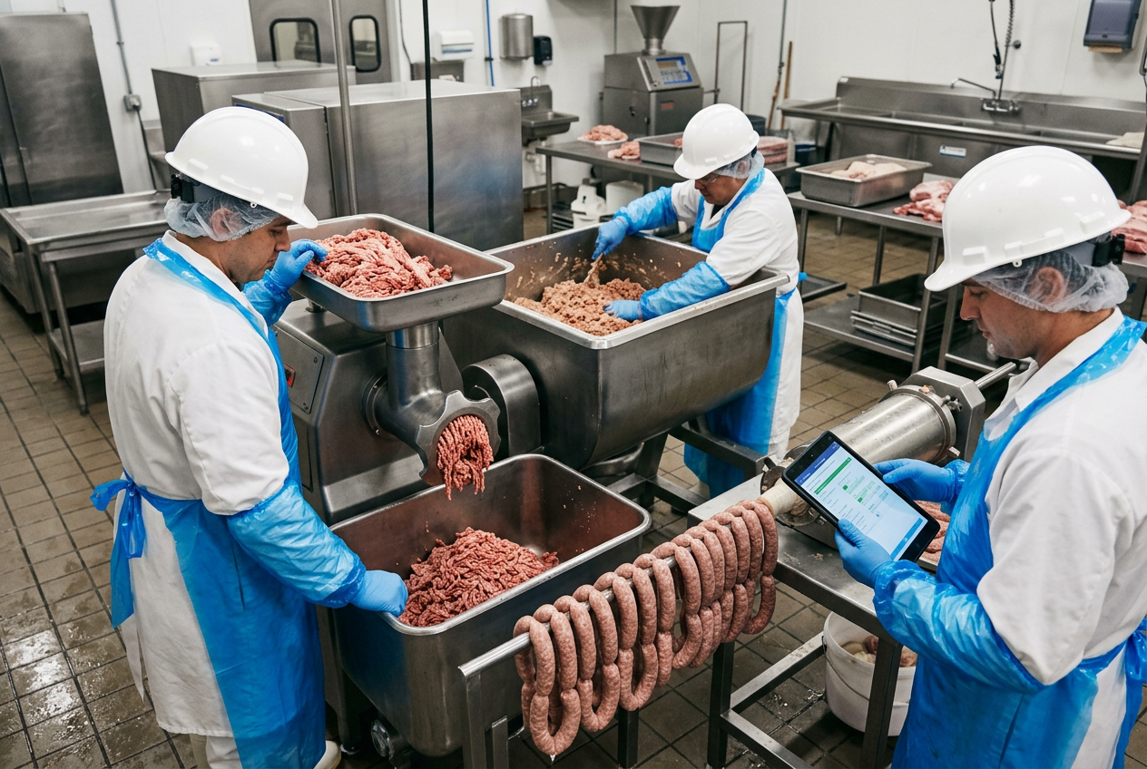 Sausage & meat grinder + mixer + stuffer line with ground meat exiting the die onto a stainless conveyor, operator at a touchscreen HMI