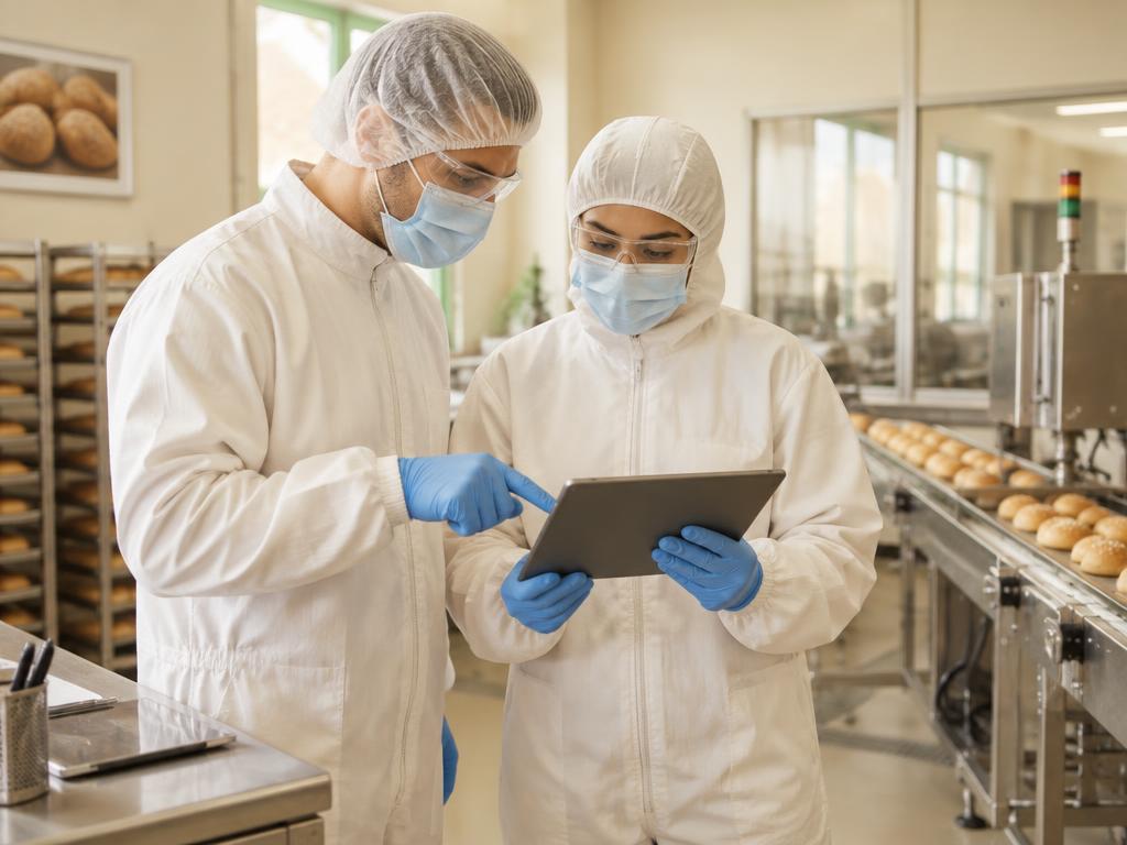 Two protected bakery colleagues reviewing records on a tablet beside a production line