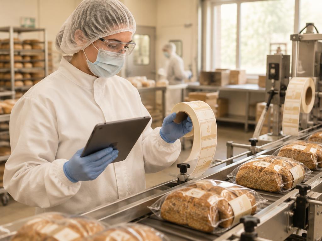 Protected bakery colleague checking a label roll and tablet beside wrapped loaves on a packing line