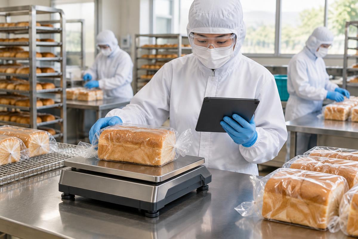 Protected baker checking a wrapped loaf on a scale with a tablet