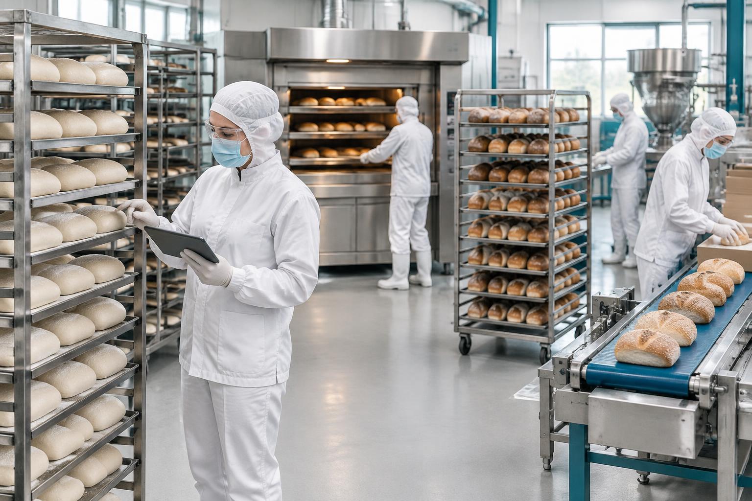 Protected bakery colleagues checking proofing racks, oven, cooling and packing