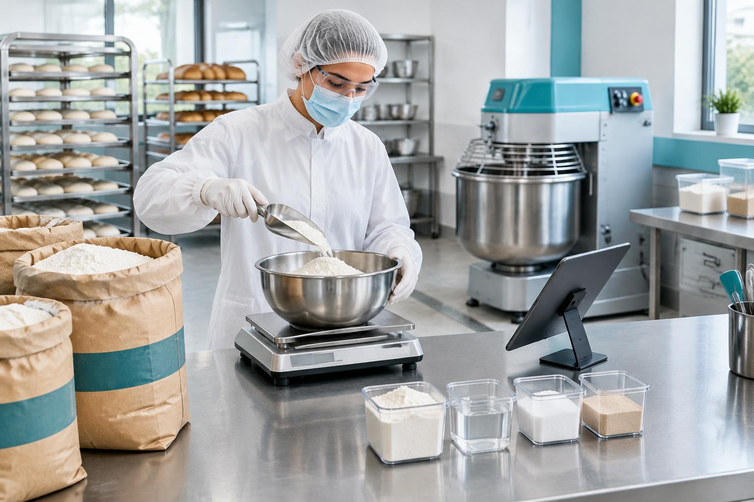 Protected baker weighing flour beside a tablet and mixer