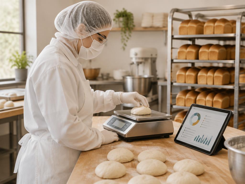 Protected bakery colleague weighing dough pieces on a scale beside a tablet showing yield charts