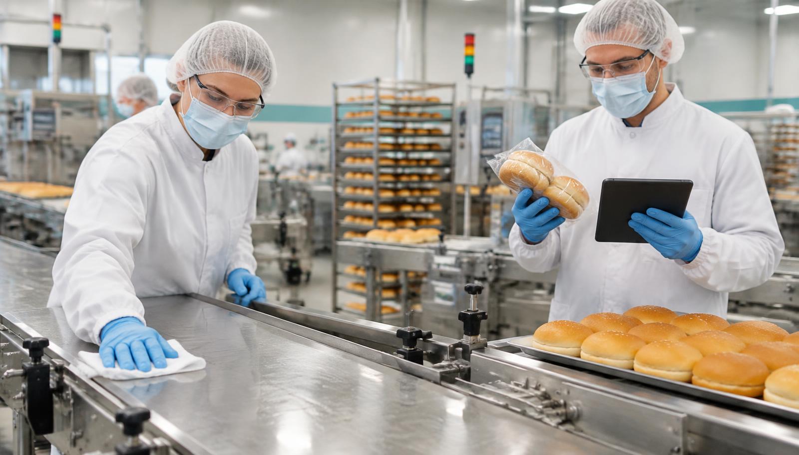 Protected bakery colleagues cleaning a line and checking the package label