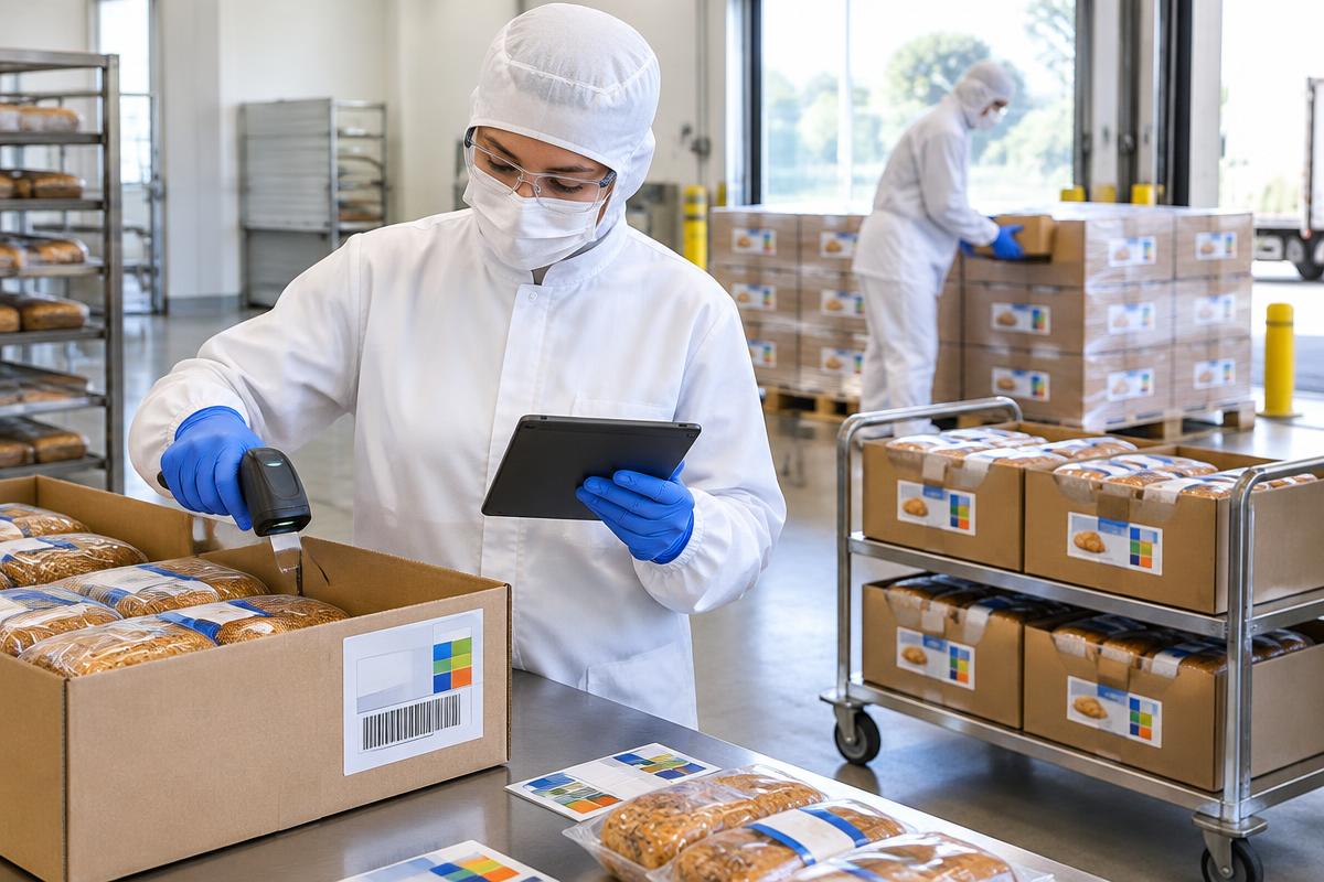 Protected bakery coordinator scanning bread cases while reviewing lot and shipment records