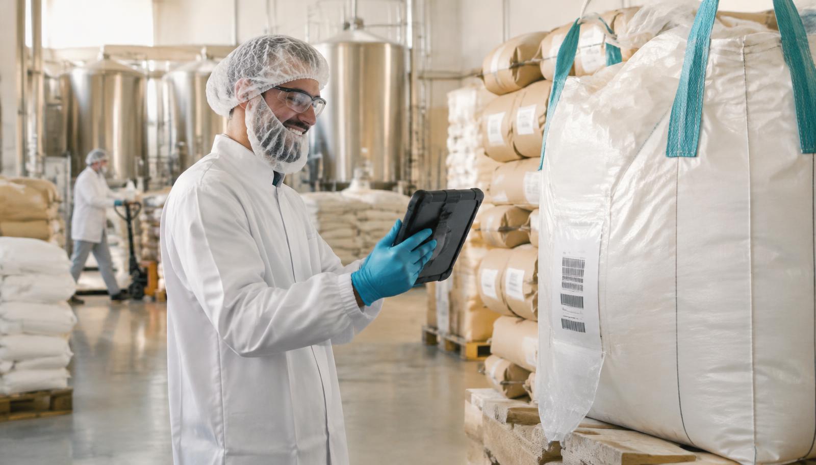 Protected bakery colleague checking flour lot identity with a tablet