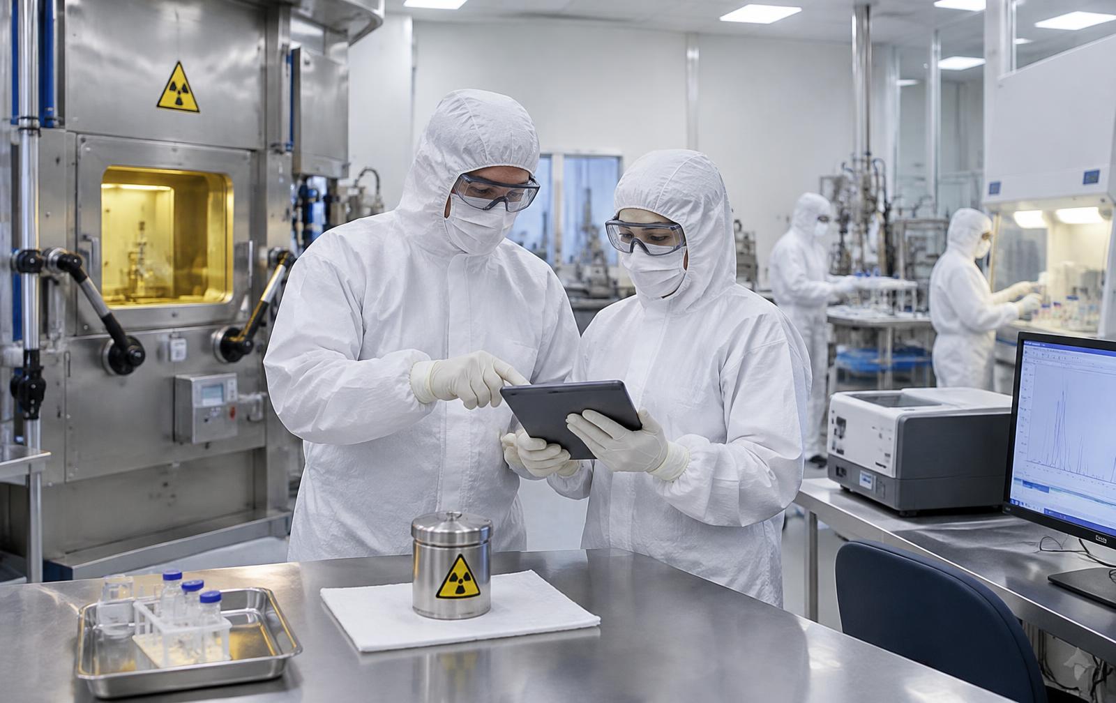 Protected PET production and quality colleagues reviewing a tablet beside a closed hot cell and analytical equipment