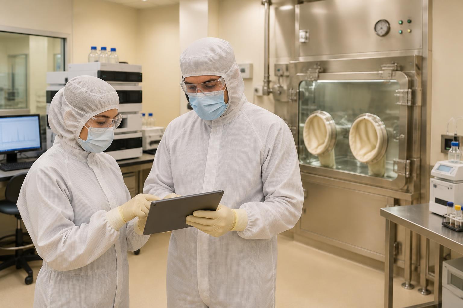 Protected PET quality reviewer examining a batch release evidence packet on a tablet beside a closed hot cell