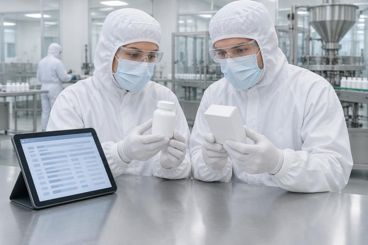 Supplement quality specialists in hoods, masks, glasses and gloves examining a capsule bottle and packaging beside a tablet
