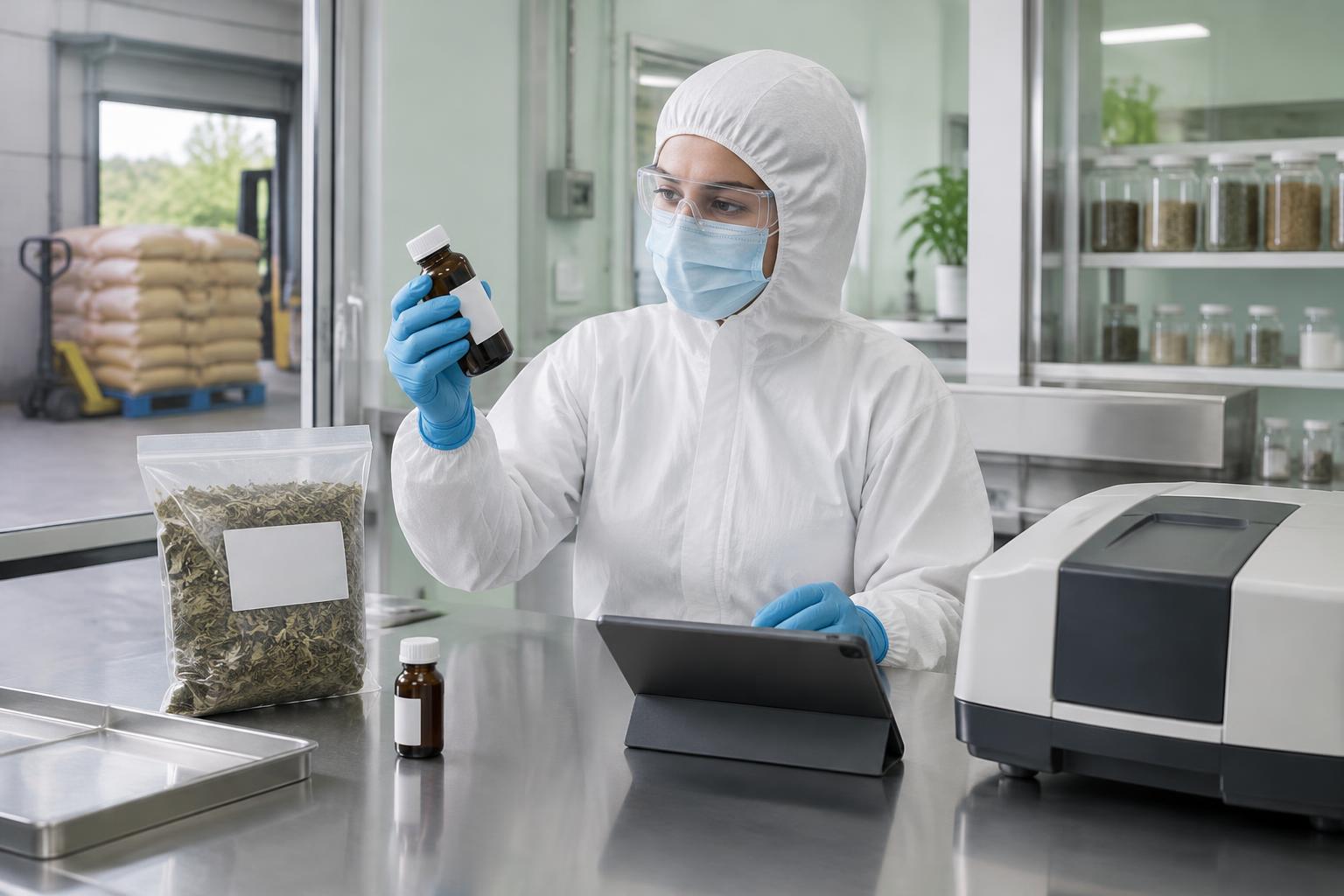 Protected supplement quality specialist examining an ingredient sample beside a tablet and laboratory equipment