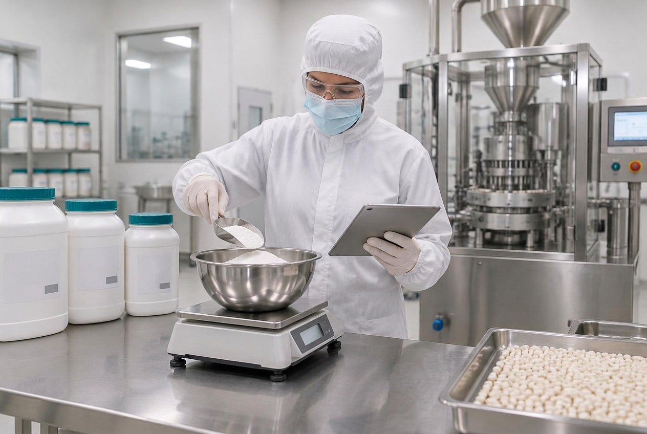 Protected supplement operator weighing powder and checking a tablet beside capsule equipment