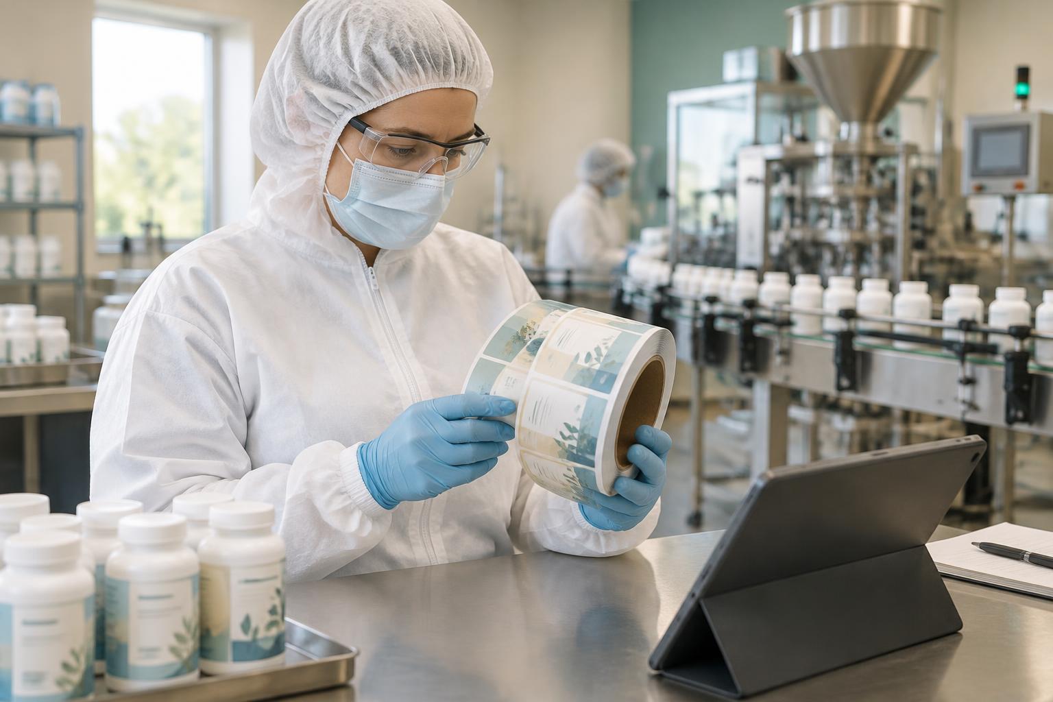 Protected supplement quality specialist examining a roll of printed labels beside a tablet and packaging line