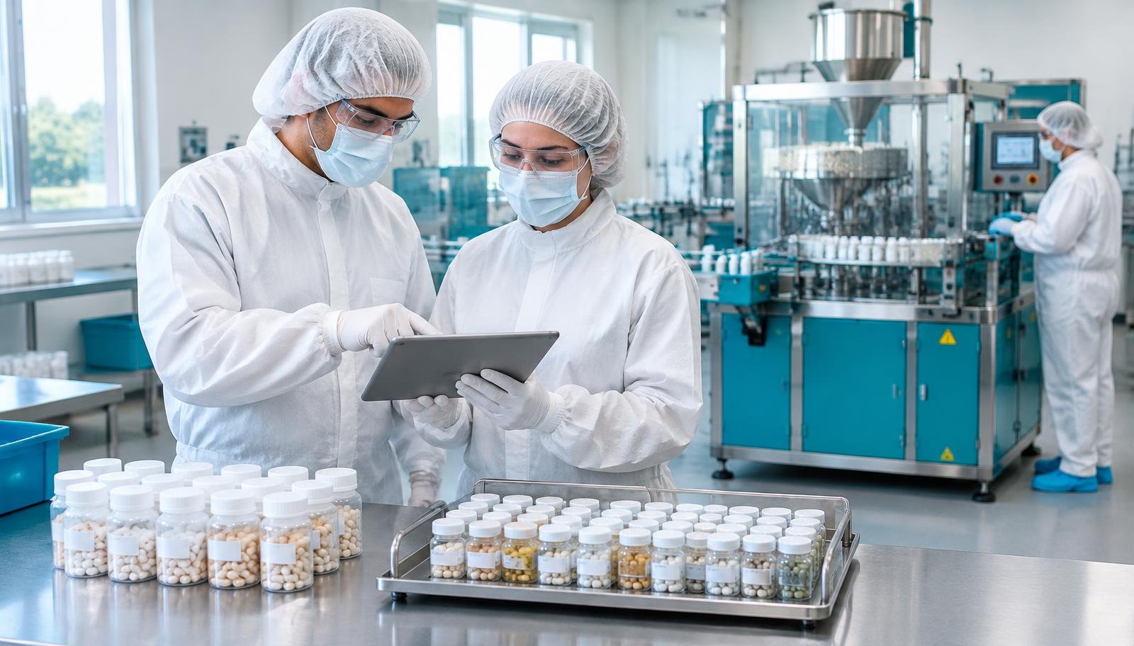 Protected supplement quality colleagues reviewing a tablet evidence handoff beside capsule packaging equipment