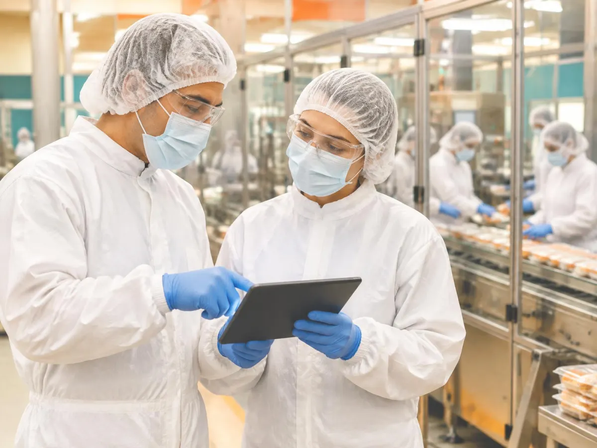 Two supervisors in hairnets, masks, safety glasses, white coveralls and gloves reviewing a tablet together beside a packing line where colleagues in the same protective clothing work