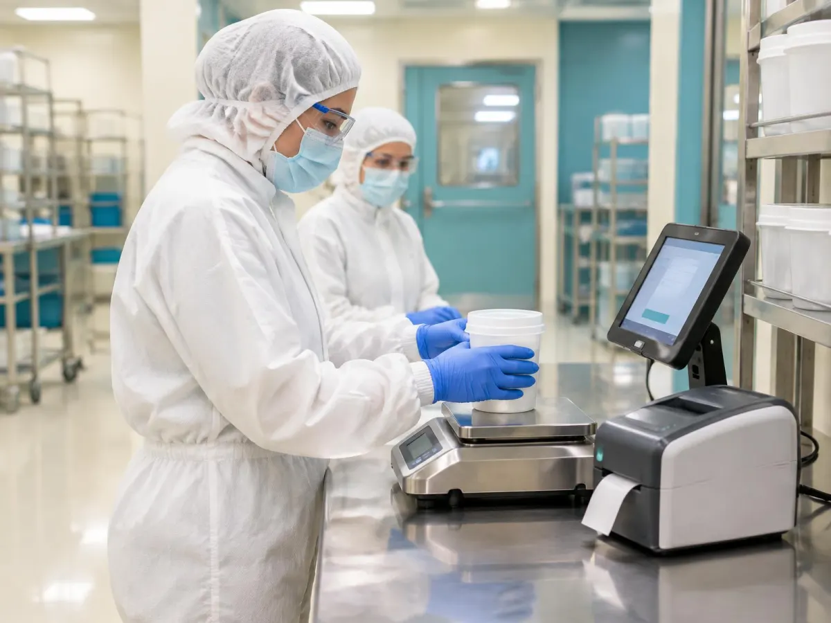 Two operators in full cleanroom protection using a scale and label printer at a weighing station