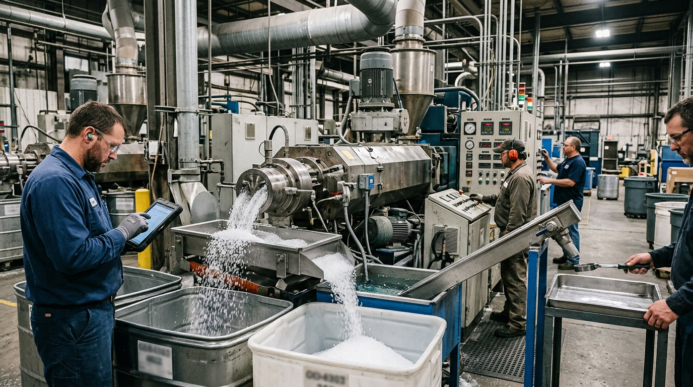 Modern industrial plastics compounding plant interior with a stainless steel twin-screw extruder producing white polymer pellets through a die head into a water bath and pelletizer, gowned technicians in navy coveralls and safety glasses under bright industrial lighting
