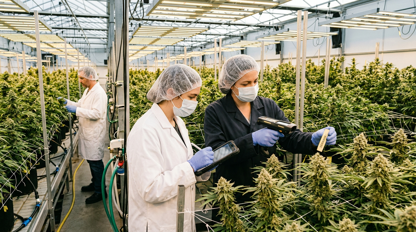 Commercial cannabis flowering room under LED grow lights with rows of mature plants on ebb-and-flow benches and a gowned cultivator inspecting canopy with a tablet