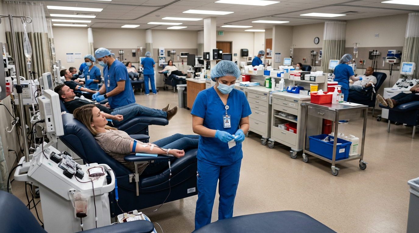 Modern blood donation center collection floor with rows of donor chairs, apheresis machines and a nurse in blue scrubs monitoring a donor