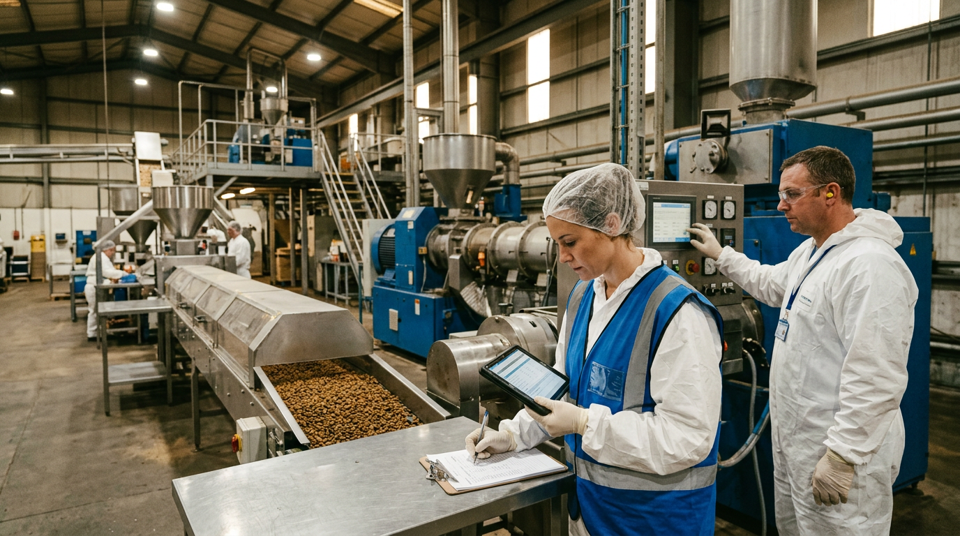 Modern industrial pet food kibble plant interior with a stainless steel twin-screw extruder, coating drum and conveyor of brown kibble under hygienic lighting with gowned operators in white coats, hairnets and blue gloves