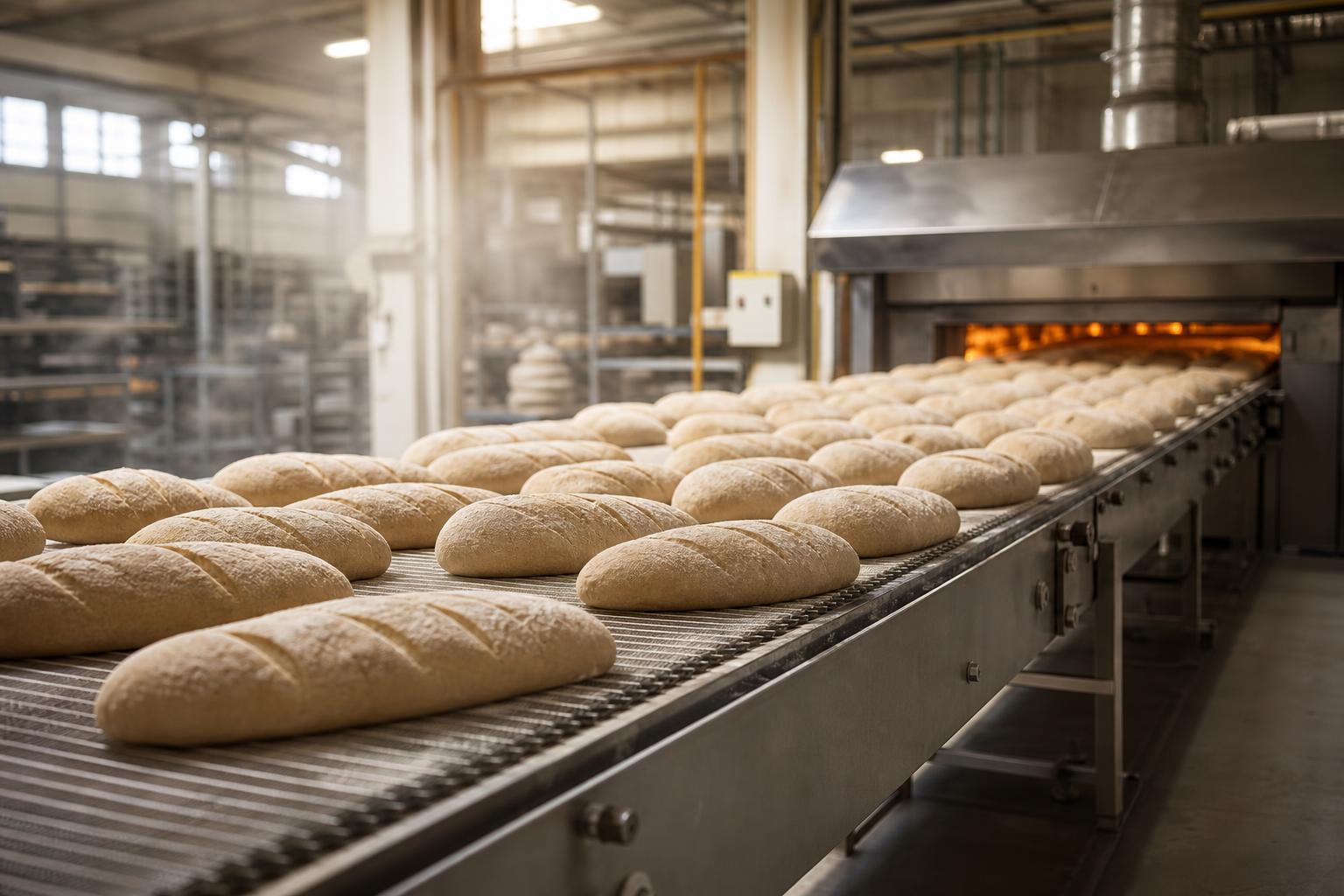 Loaves of bread on an industrial bakery conveyor approaching the tunnel oven