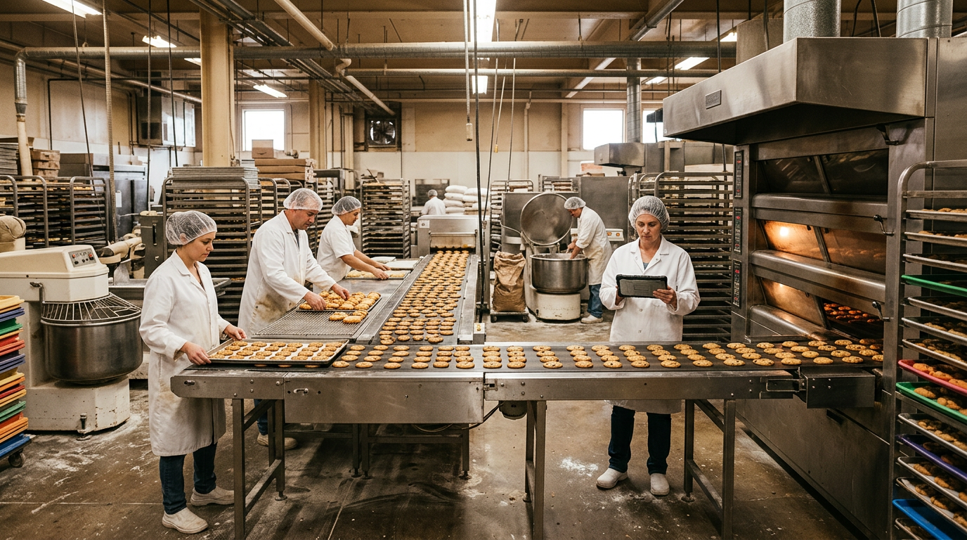 Loaves of bread on an industrial bakery conveyor approaching the tunnel oven