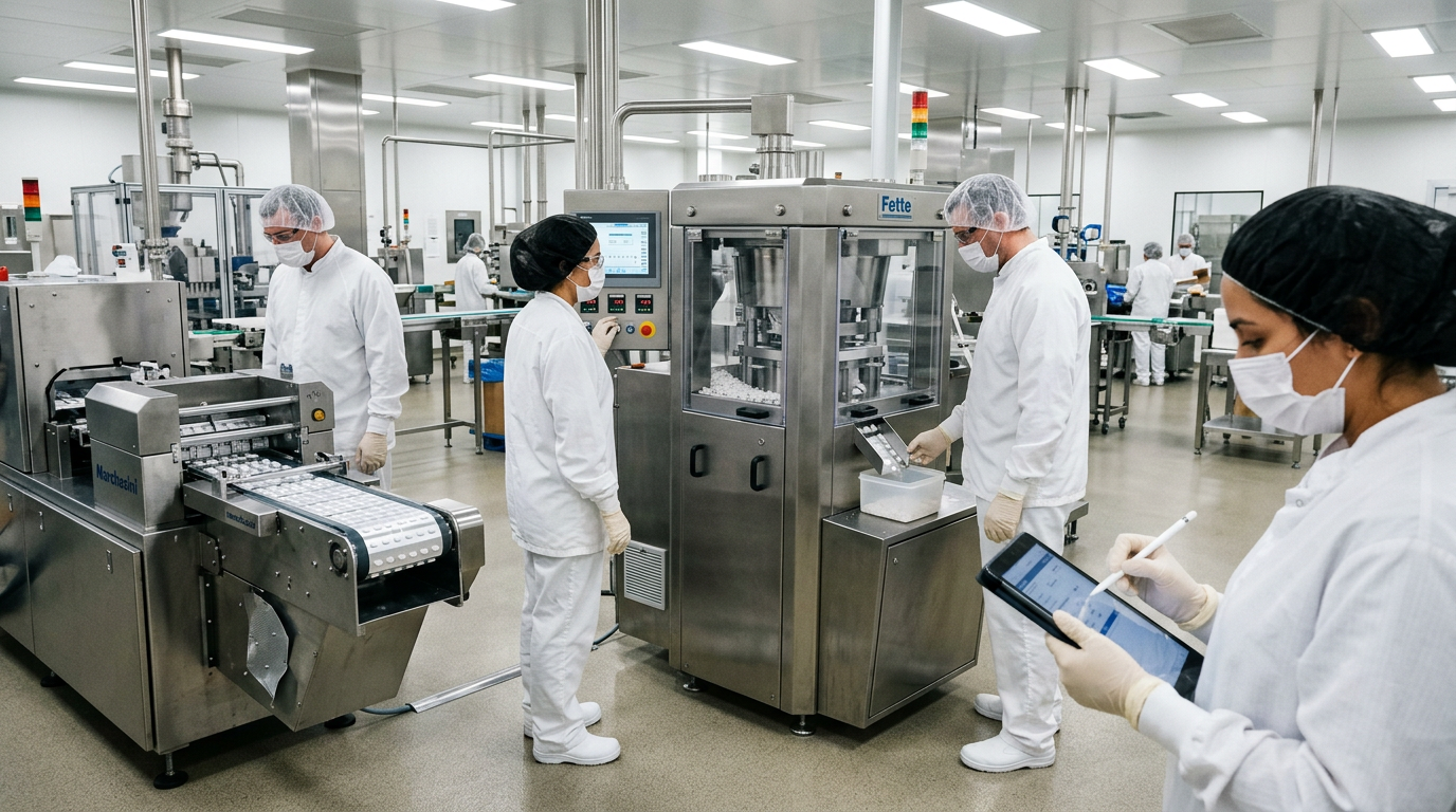 Pharmaceutical cGMP solid-dose manufacturing suite: gowned operators in bunny suits around a stainless steel rotary tablet press under HEPA-filtered ceiling