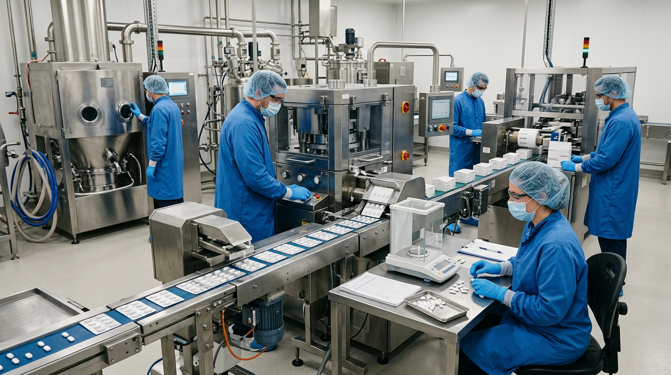 Modern industrial veterinary pharma finished dosage form plant interior with a stainless steel granulation & compression line, coating pan and conveyor of granulation under hygienic lighting with gowned operators in white coats and dries, hairnets and blue gloves