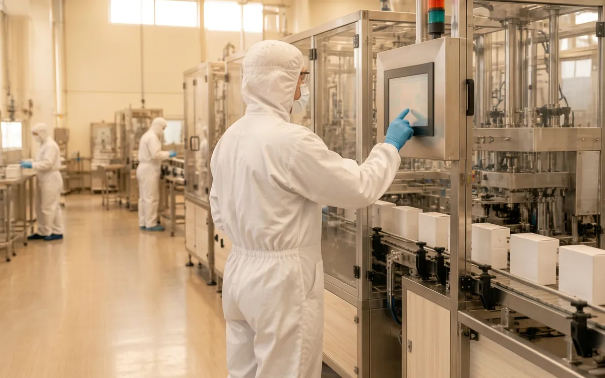 Operator in hood, mask, safety glasses and blue gloves using a mounted touchscreen beside an enclosed packaging line carrying sealed cartons, with colleagues in protective clothing further down the hall