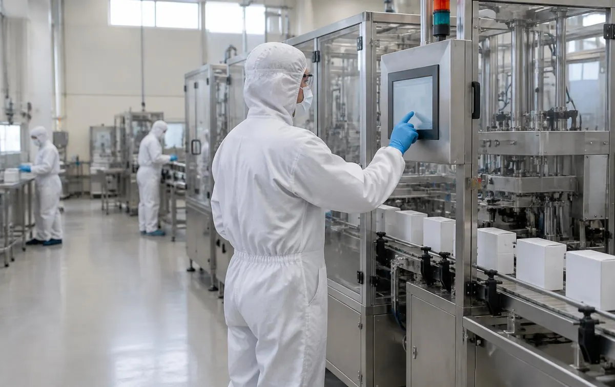 Operator in hood, mask, safety glasses and blue gloves using a mounted touchscreen beside an enclosed packaging line carrying sealed cartons