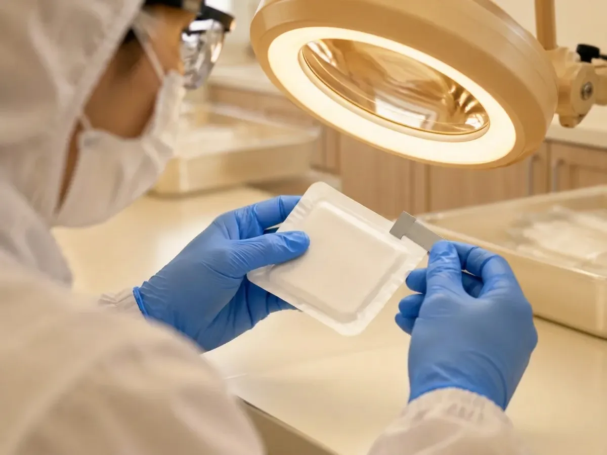 Gloved hands of a quality technician in hood, mask and glasses checking the seal of a sealed package with a gauge under a magnifier lamp