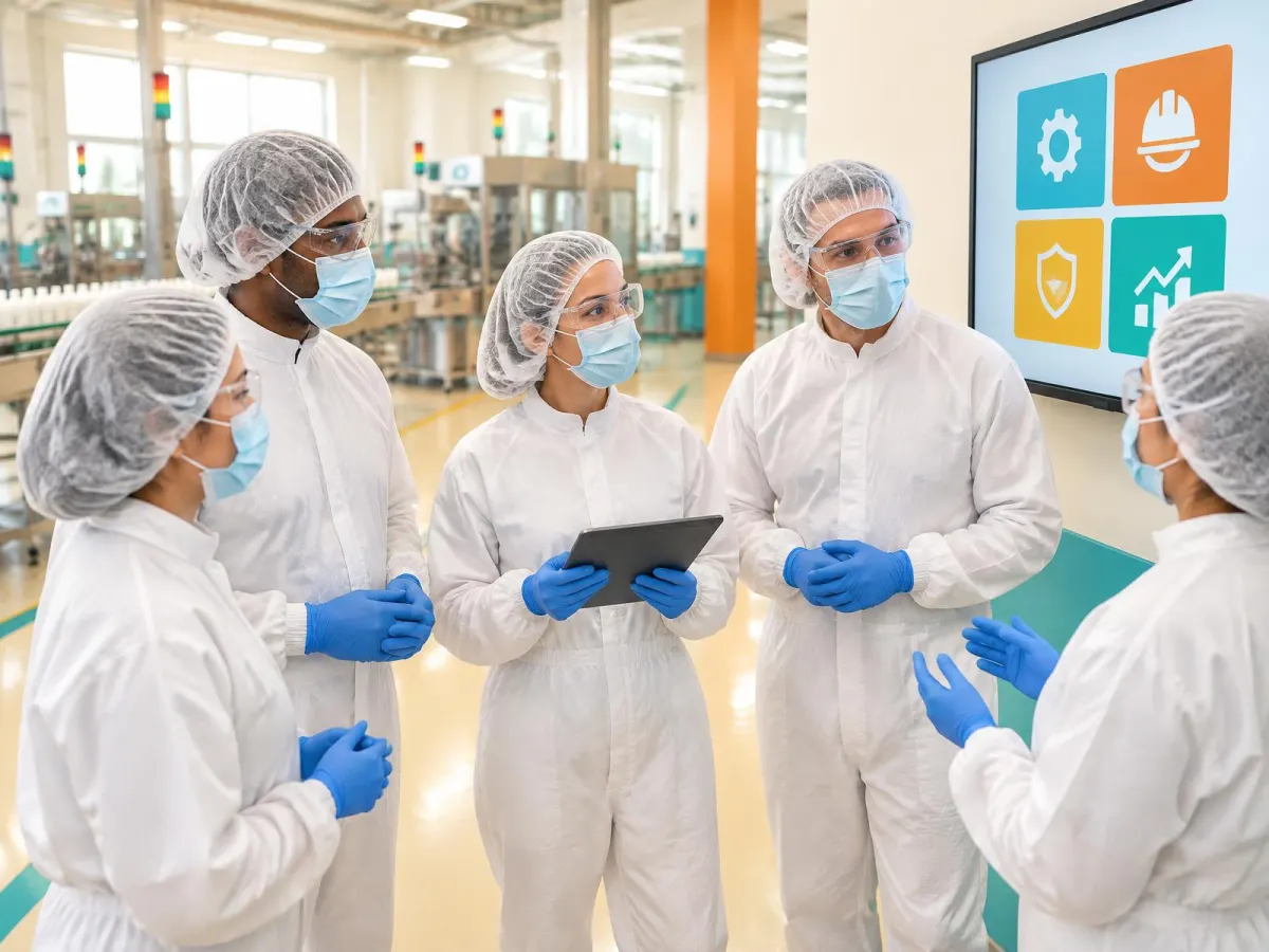 Five team members in hairnets, masks, safety glasses, white coveralls and gloves standing in a short huddle beside a wall screen with four coloured tiles, one holding a tablet