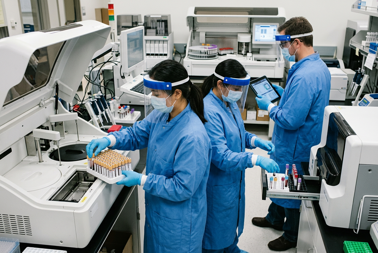 Medical technologist loading donor serum tubes into an automated immunoassay analyzer for infectious disease marker testing