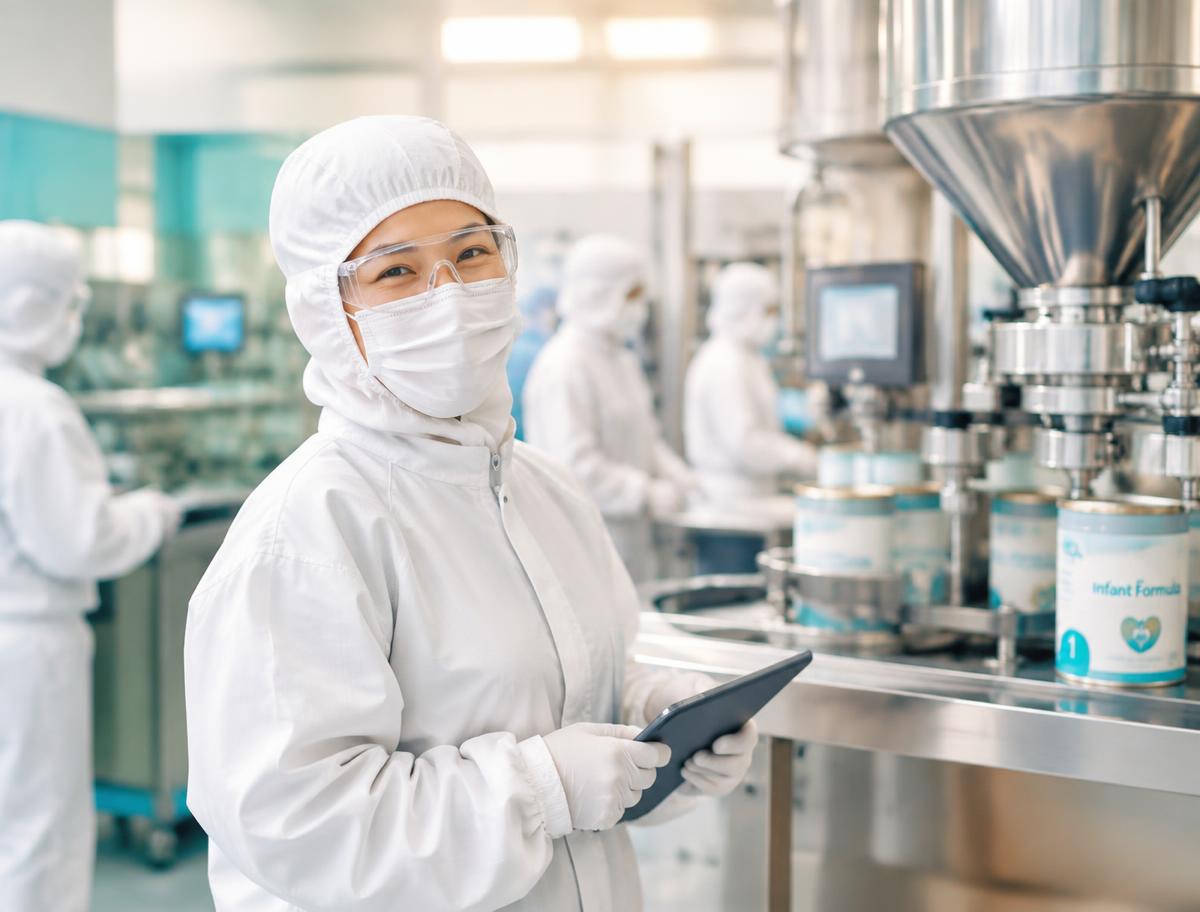 Smiling infant formula team member in full protective clothing using a tablet on the production floor