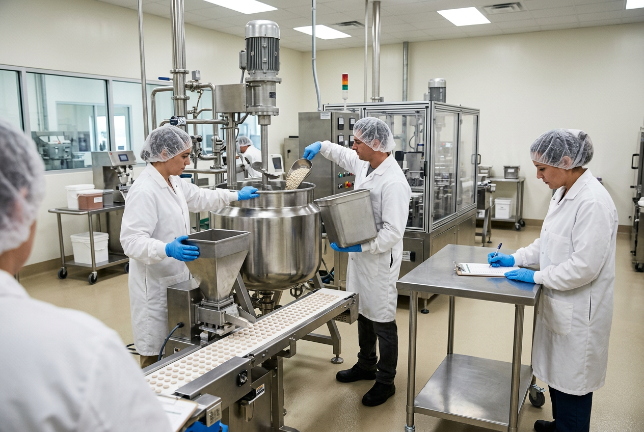 Gowned cannabis edibles operator depositing golden cannabis-infused gummies into silicone molds on a stainless steel table beside a precision scale and mixing tank